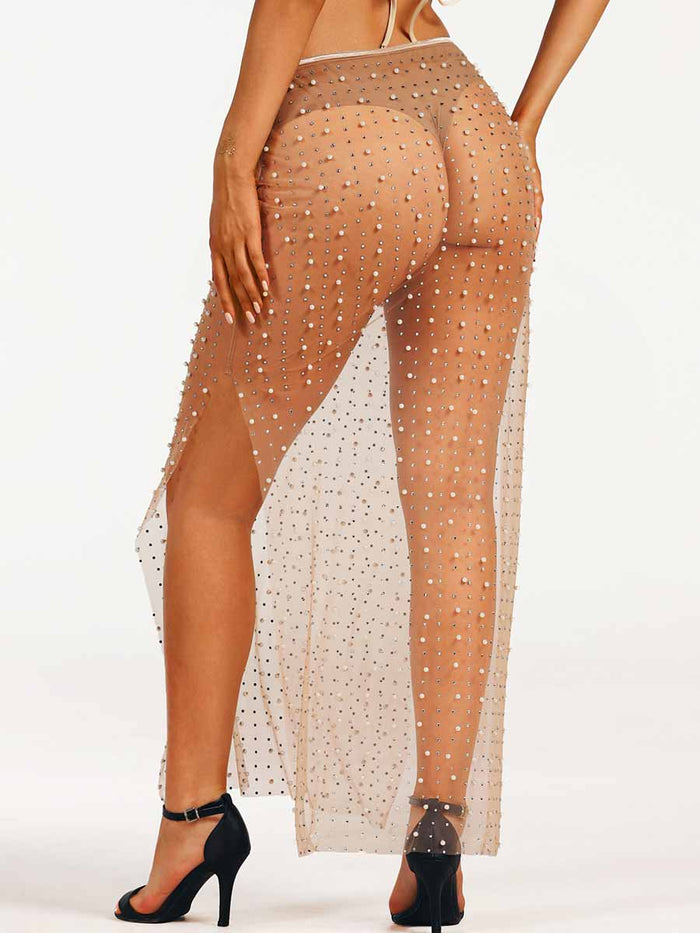 Rhinestone Pearl Sheer Straight Long Skirt