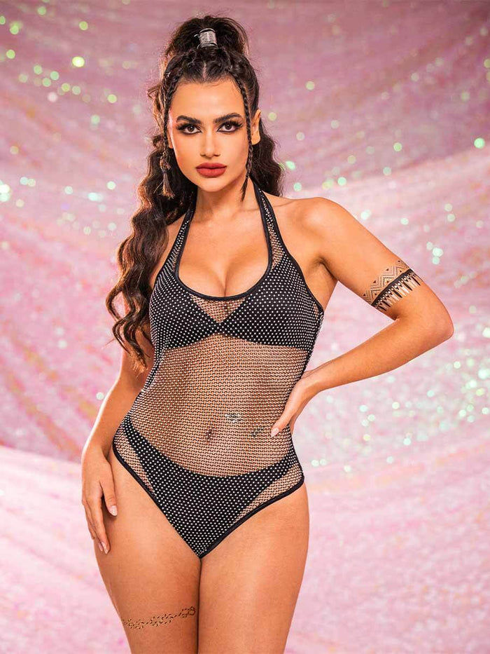 Rhinestone Sheer Mesh Bodysuit - Black Sleeveless Bodysuit