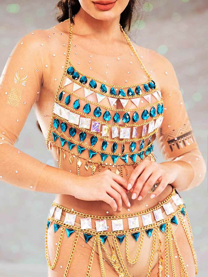 Rhinestone Top and Skirt Set - Metal Chain Crystal Set