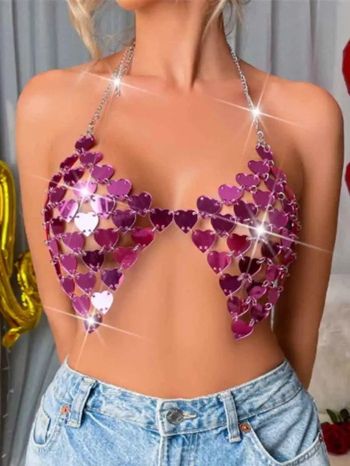 Rose Red Disco Bra - Heart Sequin Halter Tank Top