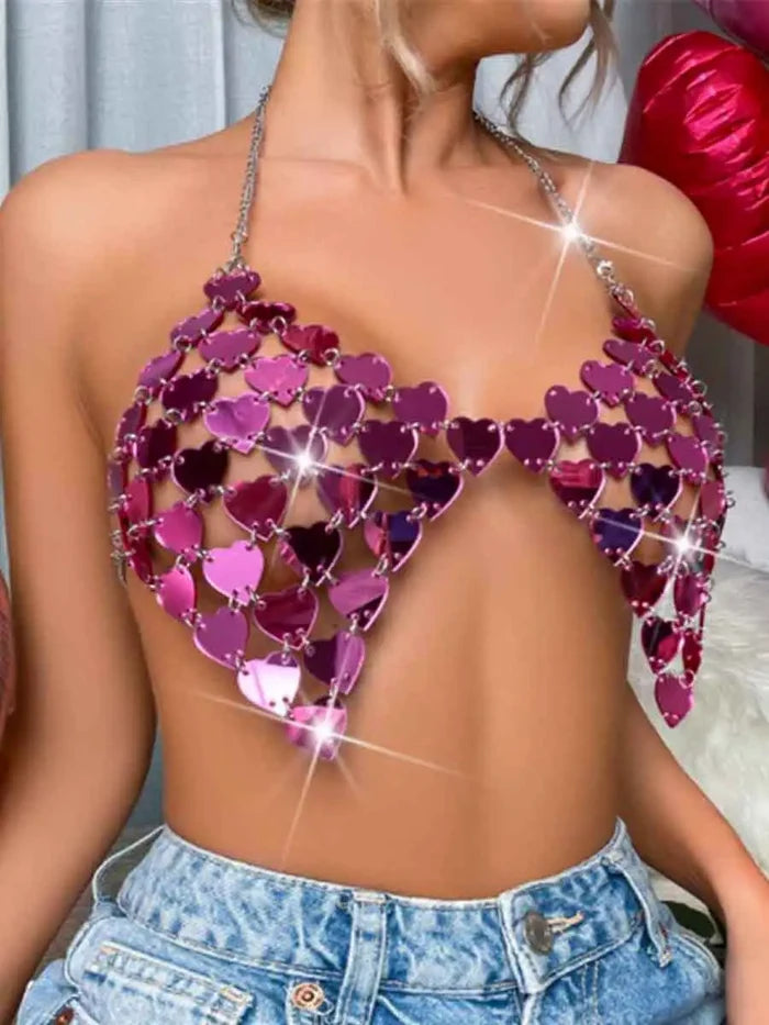 Rose Red Disco Bra - Heart Sequin Halter Tank Top