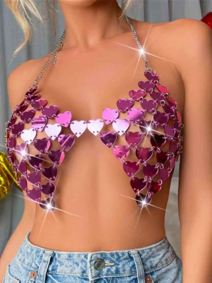 Rose Red Disco Bra - Heart Sequin Halter Tank Top