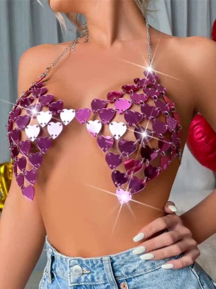 Rose Red Disco Bra - Heart Sequin Halter Tank Top