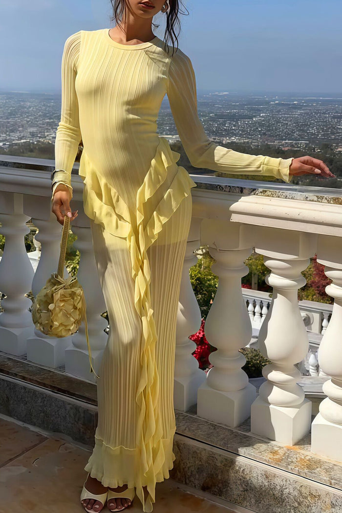 Round Neck Long Sleeve Ruffled Trim Slim Fit Maxi Dresses-Yellow