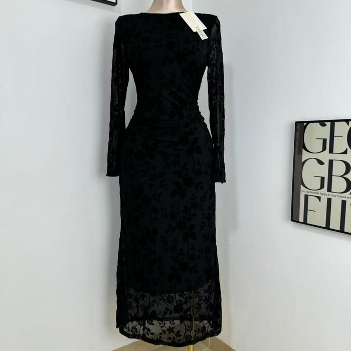 Round-Neck Printed Long-Sleeve Dress
