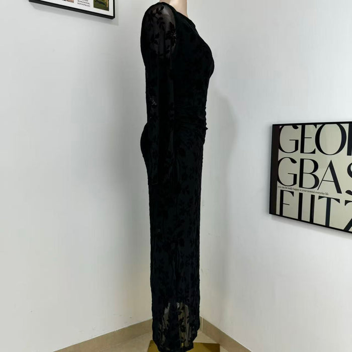 Round-Neck Printed Long-Sleeve Dress