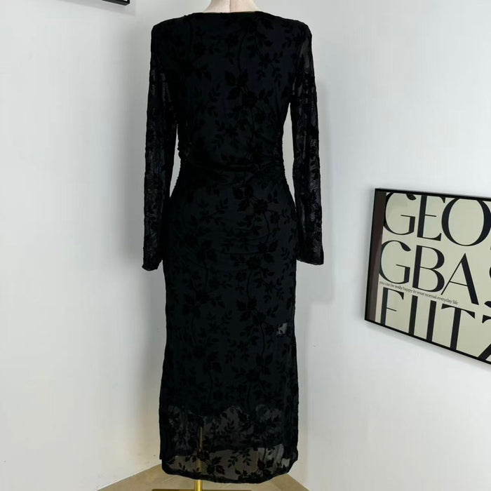 Round-Neck Printed Long-Sleeve Dress