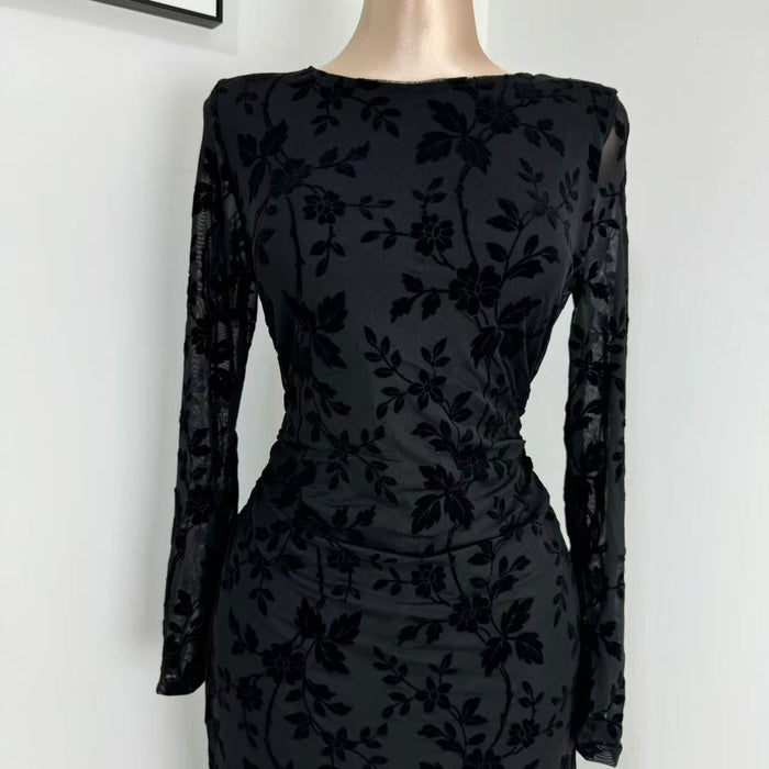 Round-Neck Printed Long-Sleeve Dress
