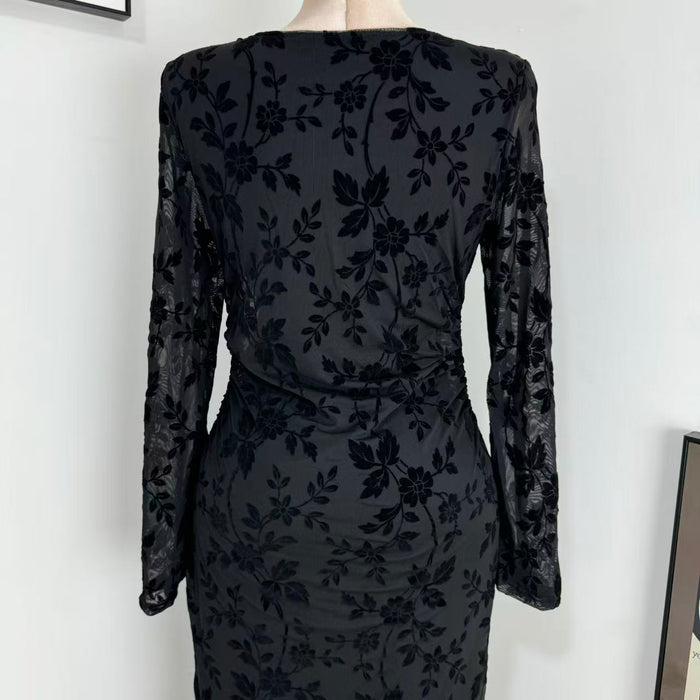 Round-Neck Printed Long-Sleeve Dress