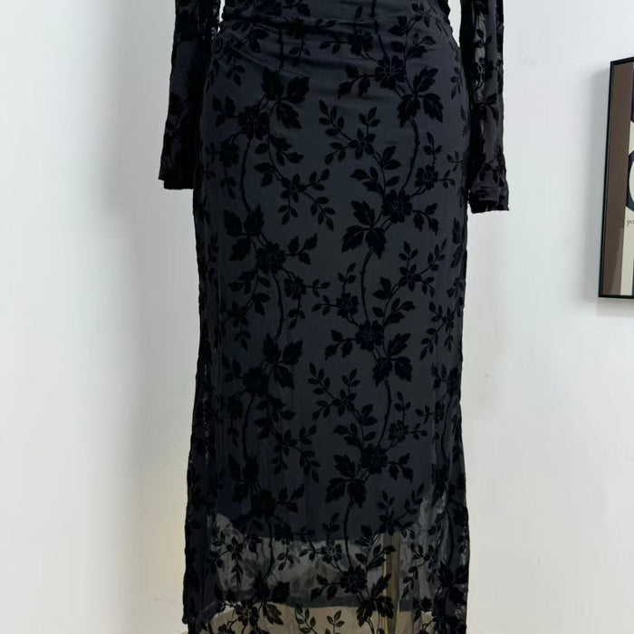 Round-Neck Printed Long-Sleeve Dress