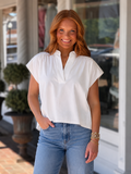 Round V-Neck Drop Cap Sleeve Top in Ivory