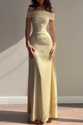 Ruched Off Shoulder Back Lace Up Cinch Waist Plain Gowns Maxi Dresses-Yellow