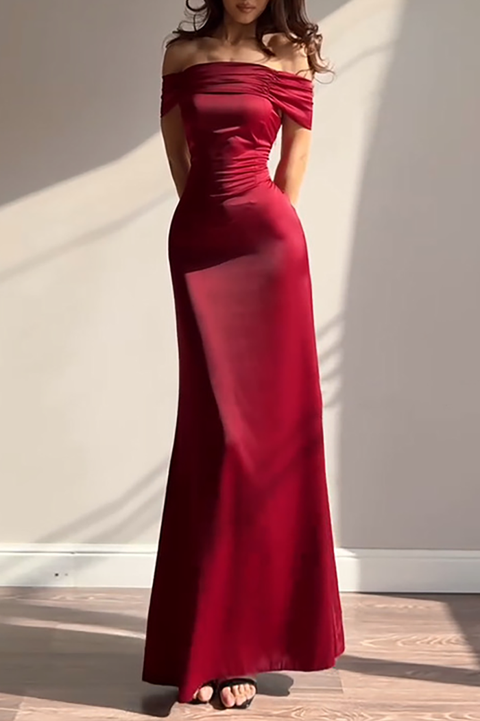 Ruched Off Shoulder Back Lace Up Cinch Waist Plain Gowns Maxi Dresses-Yellow