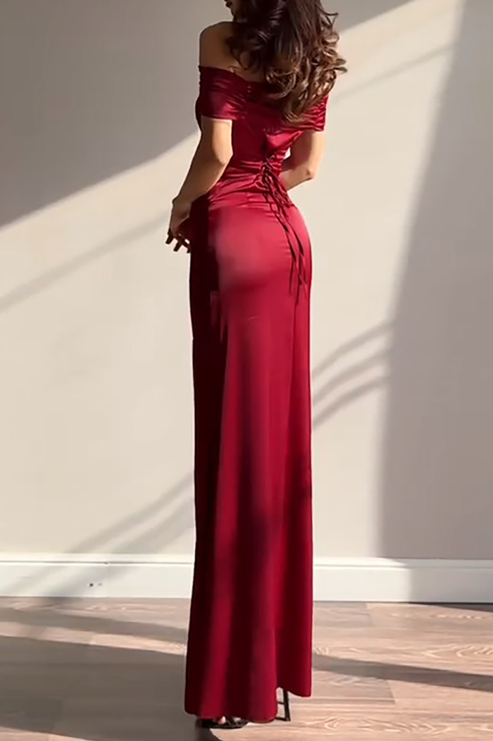 Ruched Off Shoulder Back Lace Up Cinch Waist Plain Gowns Maxi Dresses-Yellow
