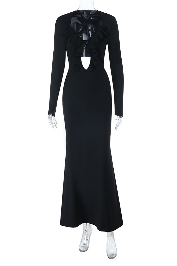 Ruffled Plunge Neck Long Sleeve Cutout Slim Fit Fishtail Maxi Dresses-Black
