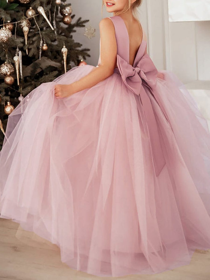 Satin Beaded Tulle Princess Flower Girl Dress With Back Bow