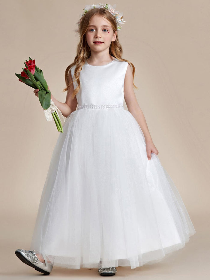 Satin Beaded Tulle Princess Flower Girl Dress With Back Bow