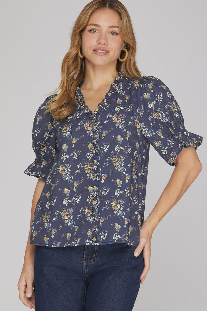 Say No More Floral Navy Top