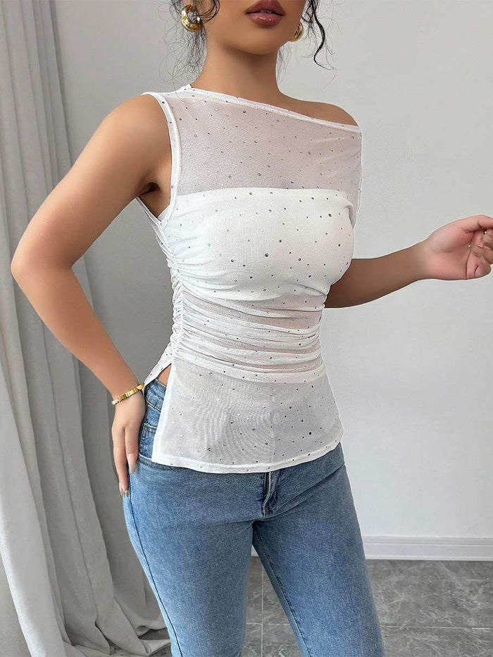 Sequin Asymmetrical Neck Ruched Hem Summer T-Shirt