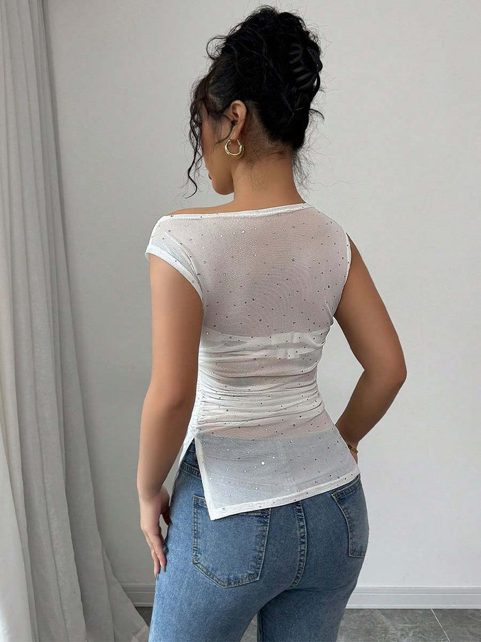 Sequin Asymmetrical Neck Ruched Hem Summer T-Shirt