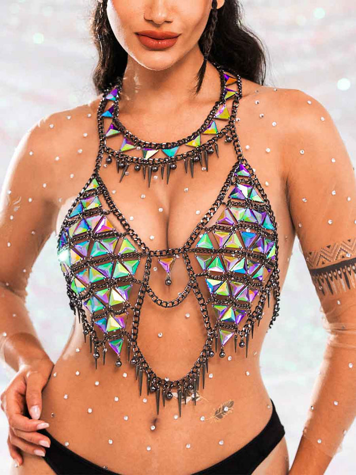 Sequin Chain Bra - Metallic Chain Colorful Glitter Bra Top