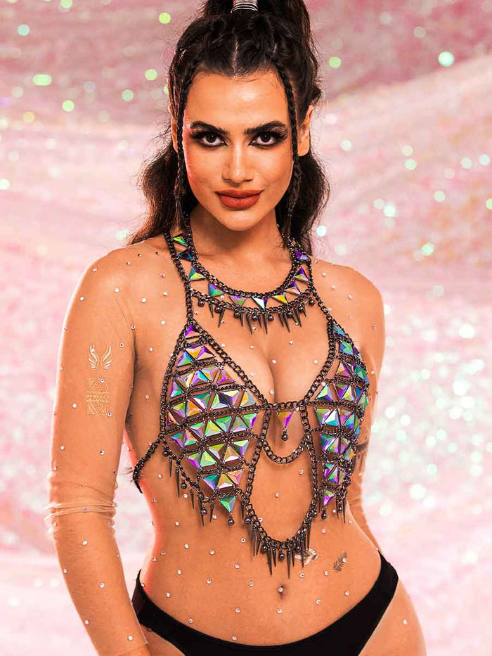 Sequin Chain Bra - Metallic Chain Colorful Glitter Bra Top