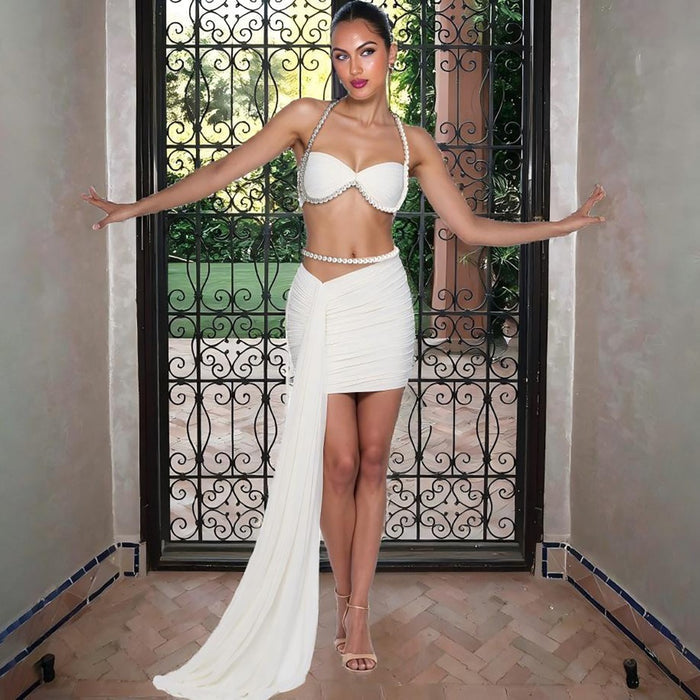 Sequin Cutout Ruched Bodycon Crochet Halter Mini Dresses OffWhite