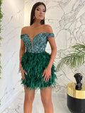 Sequin Feather Off-Shoulder Mini Dress