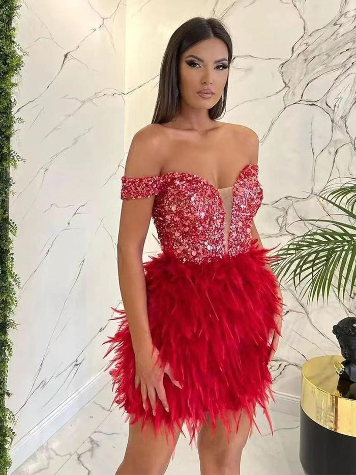 Sequin Feather Off-Shoulder Mini Dress