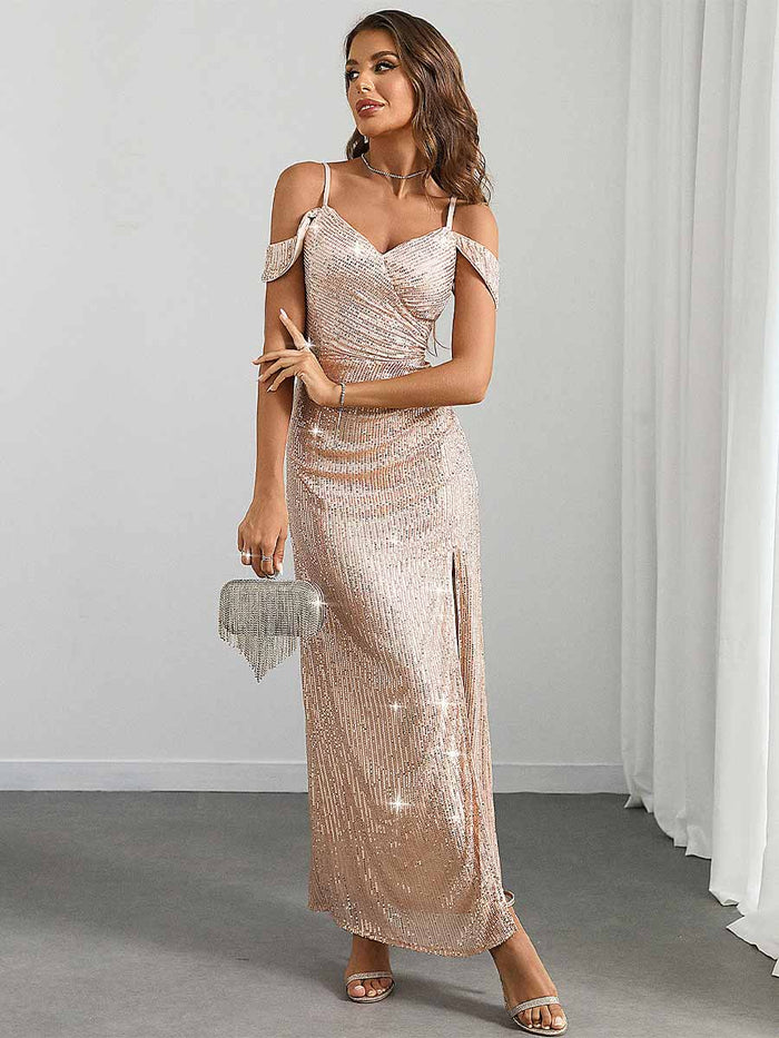 Sequin Flutter Sleeve Slit Spaghetti Strap Party Gown