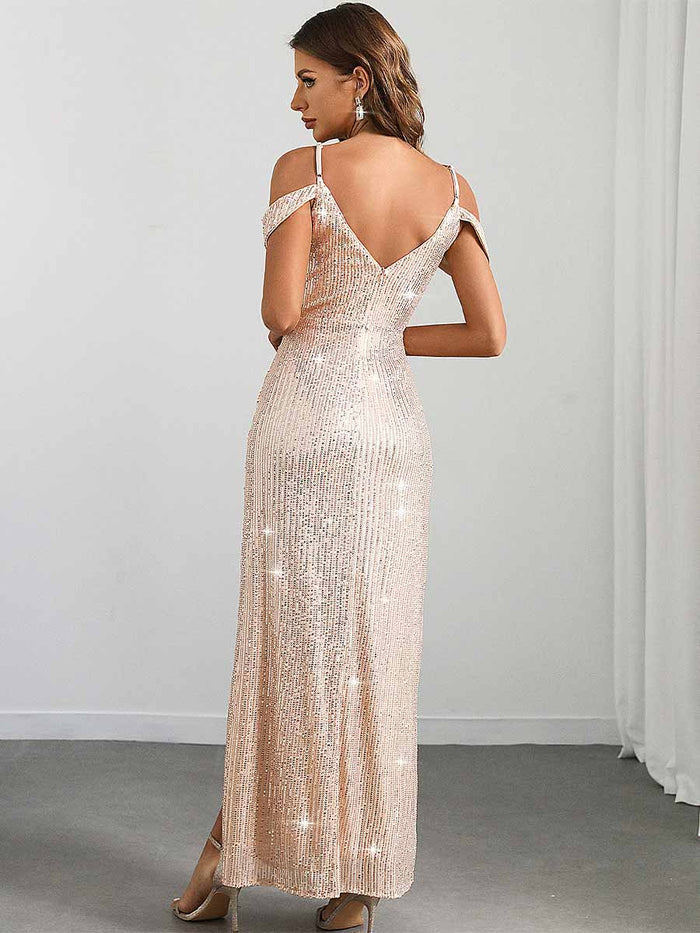 Sequin Flutter Sleeve Slit Spaghetti Strap Party Gown