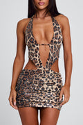 Sequin Leopard Print Deep V Halter Party Mini Dresses-Brown Pre Order