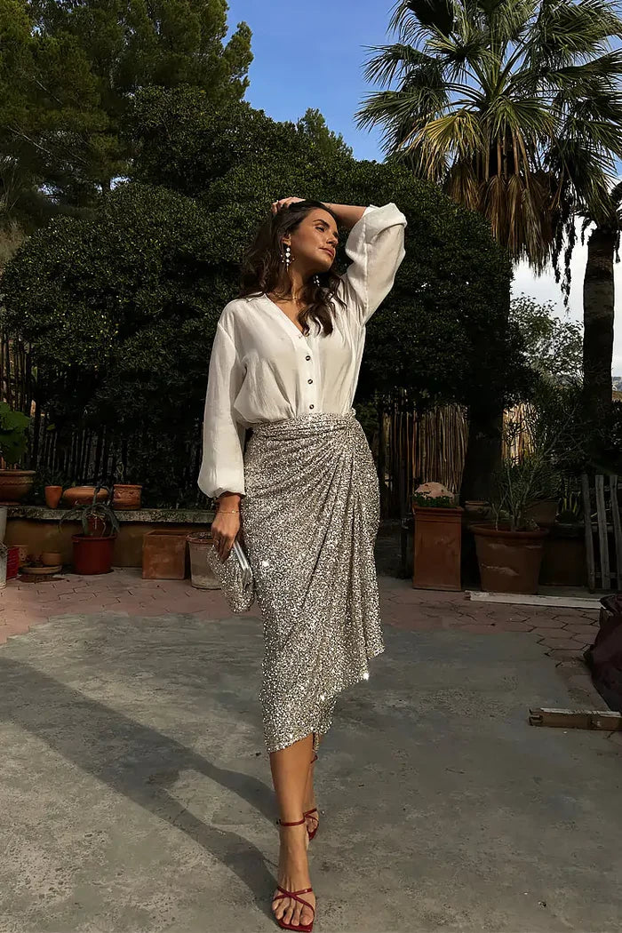 Sequin Maxi Wrap Jaspre Skirt (Silver)