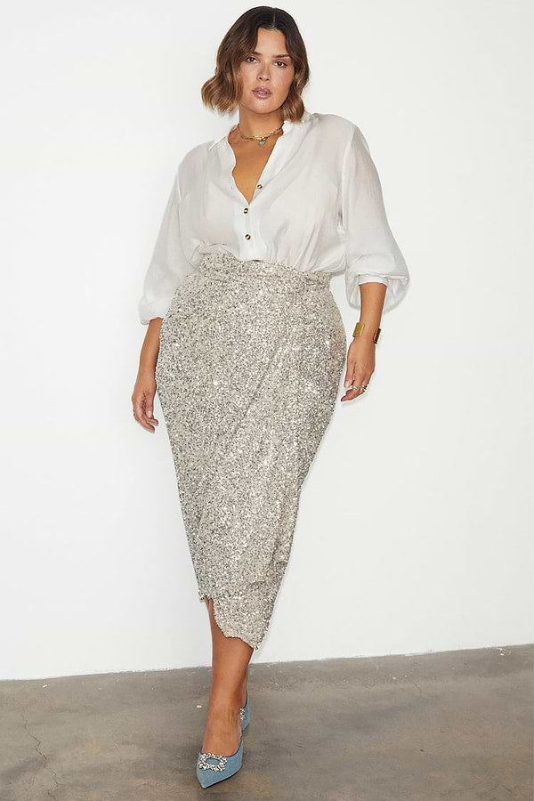 Sequin Maxi Wrap Jaspre Skirt (Silver)