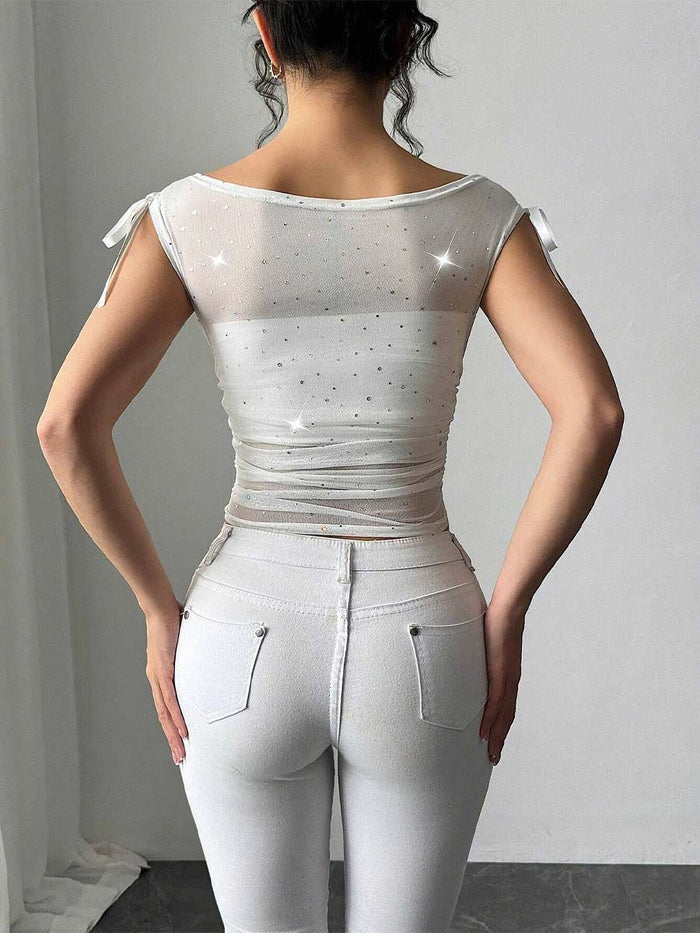 Sequin Mesh Bow Detail Ruched Summer T-Shirt