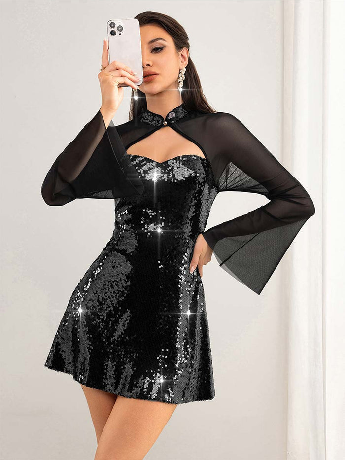 Sequin & Mesh Panel Tube Top Dress with Flared Sleeves