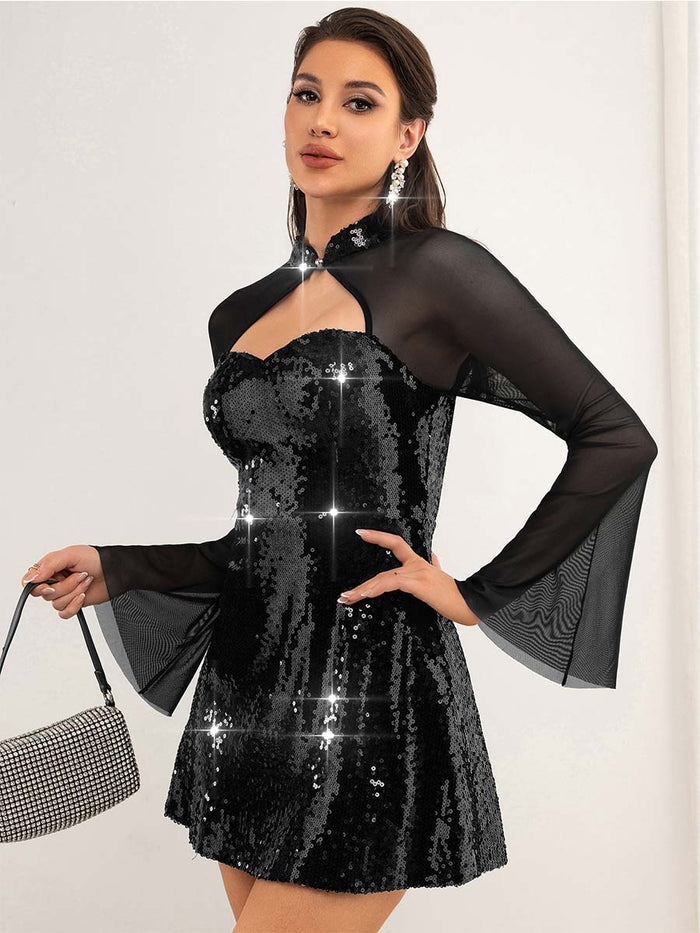 Sequin & Mesh Panel Tube Top Dress with Flared Sleeves