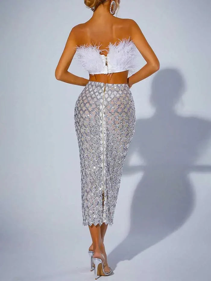 Sequin Mesh Skirt  White Feather Tube Top Suit