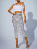 Sequin Mesh Skirt  White Feather Tube Top Suit