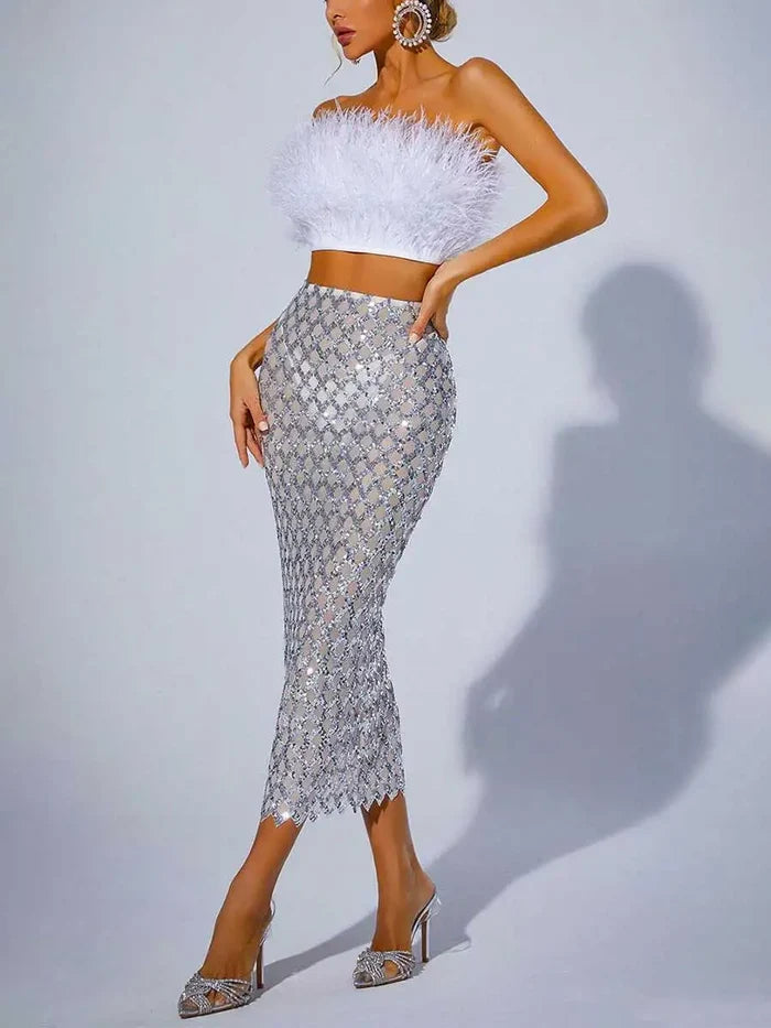 Sequin Mesh Skirt  White Feather Tube Top Suit