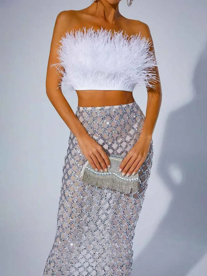 Sequin Mesh Skirt  White Feather Tube Top Suit