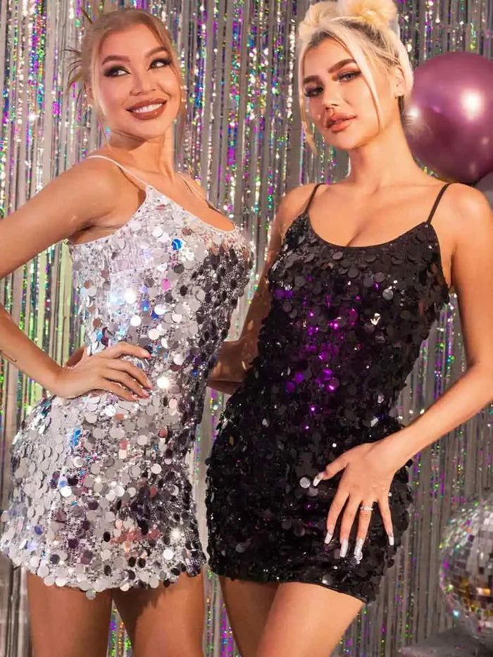 Sequin Mini Shift Dress - Shiny Bodycon Slip Dress