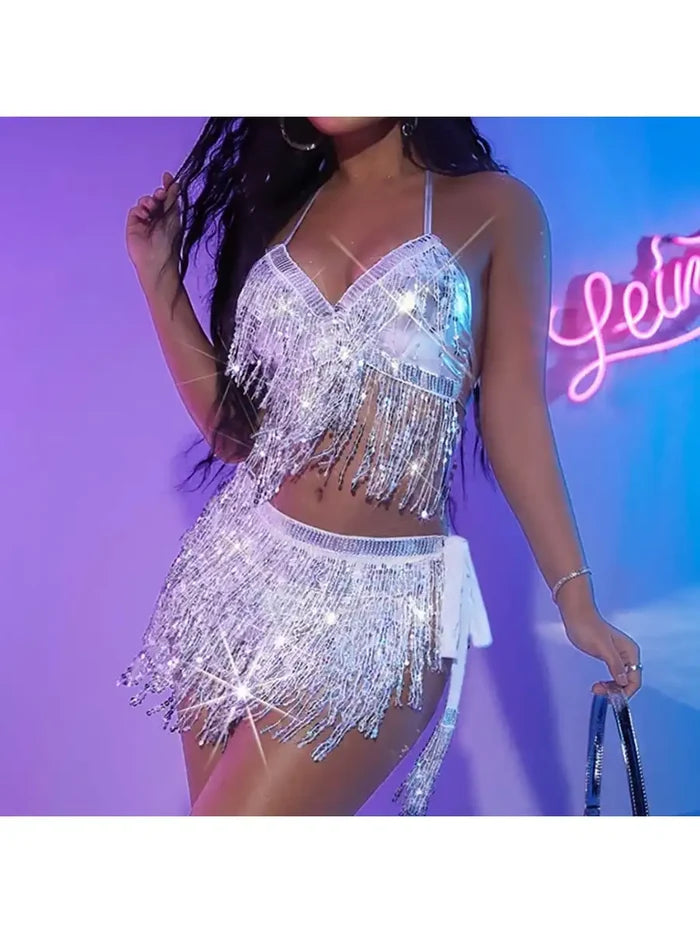 Sequin Tassel Two Piece Sets - Bra Top & Mini Skirt
