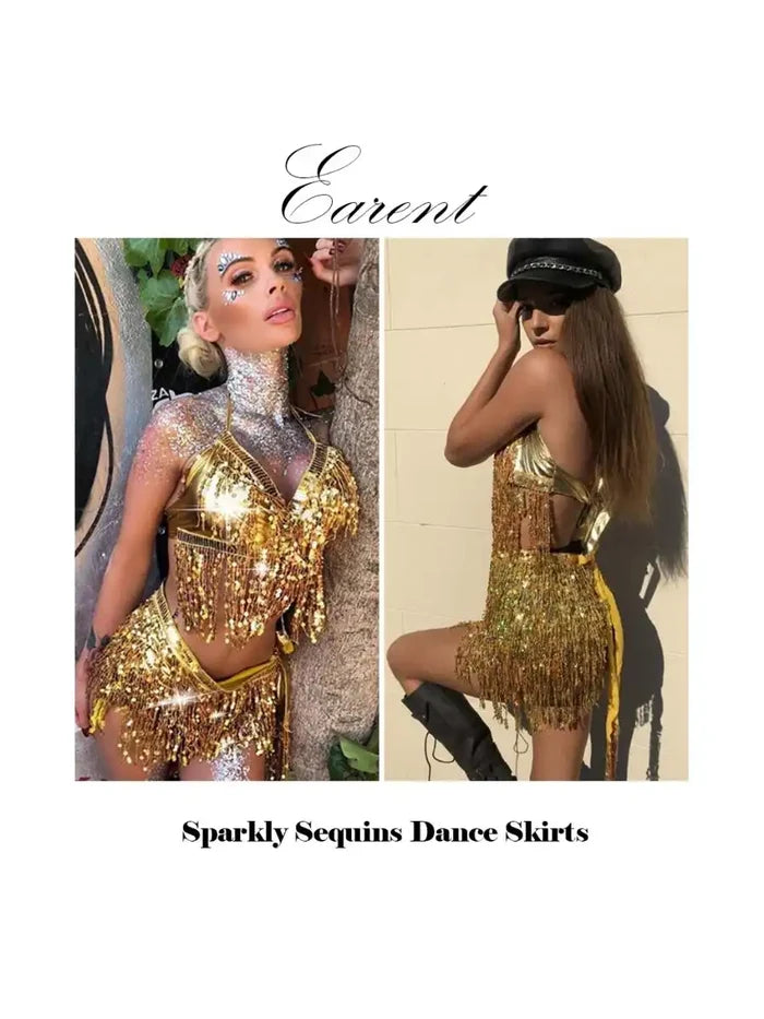Sequin Tassel Two Piece Sets - Bra Top & Mini Skirt
