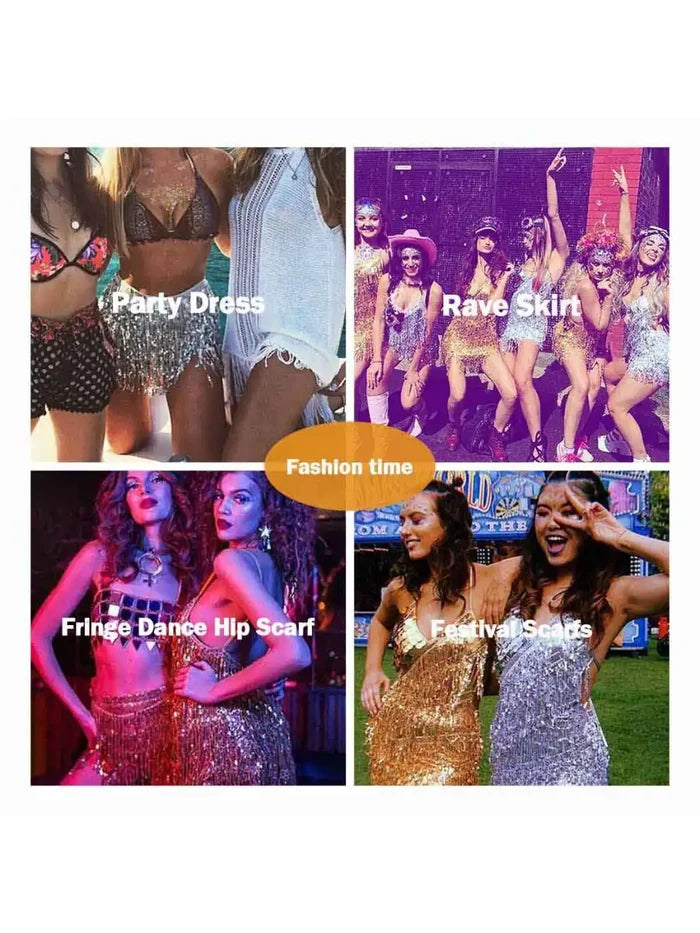 Sequin Tassel Two Piece Sets - Bra Top & Mini Skirt