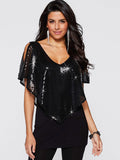 Sequin V-Neck Cape Sleeve T-Shirt