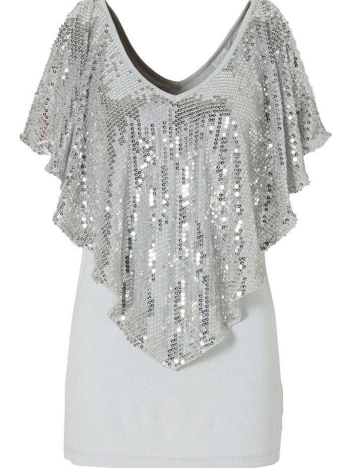 Sequin V-Neck Cape Sleeve T-Shirt