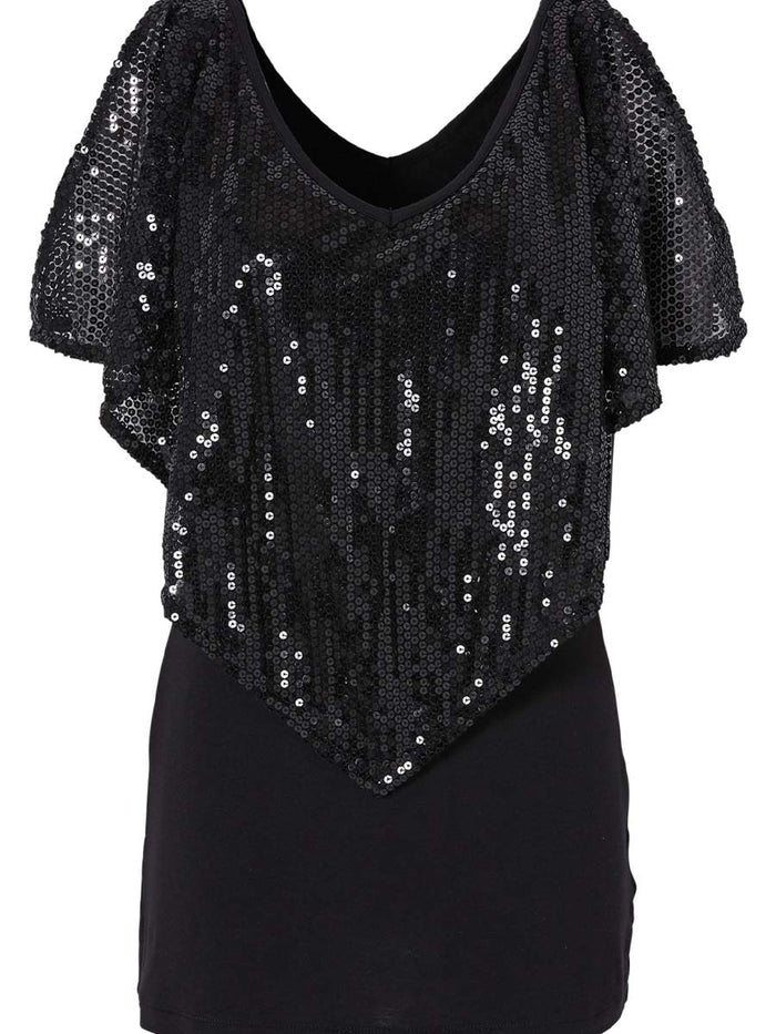 Sequin V-Neck Cape Sleeve T-Shirt