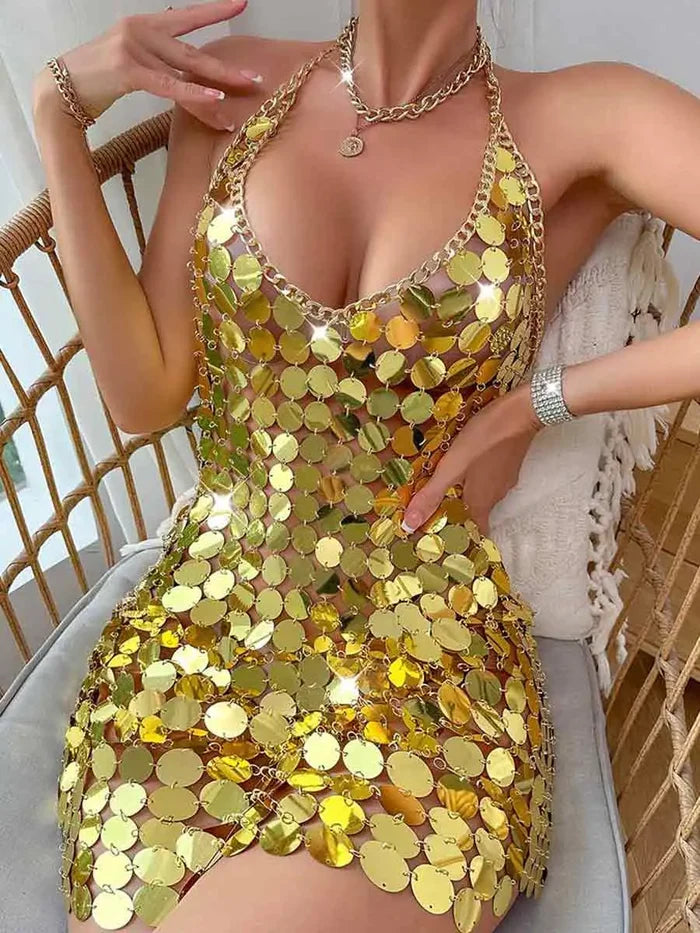 Sexy Backless Sparkling Disco Mini Gold Sequin Dress