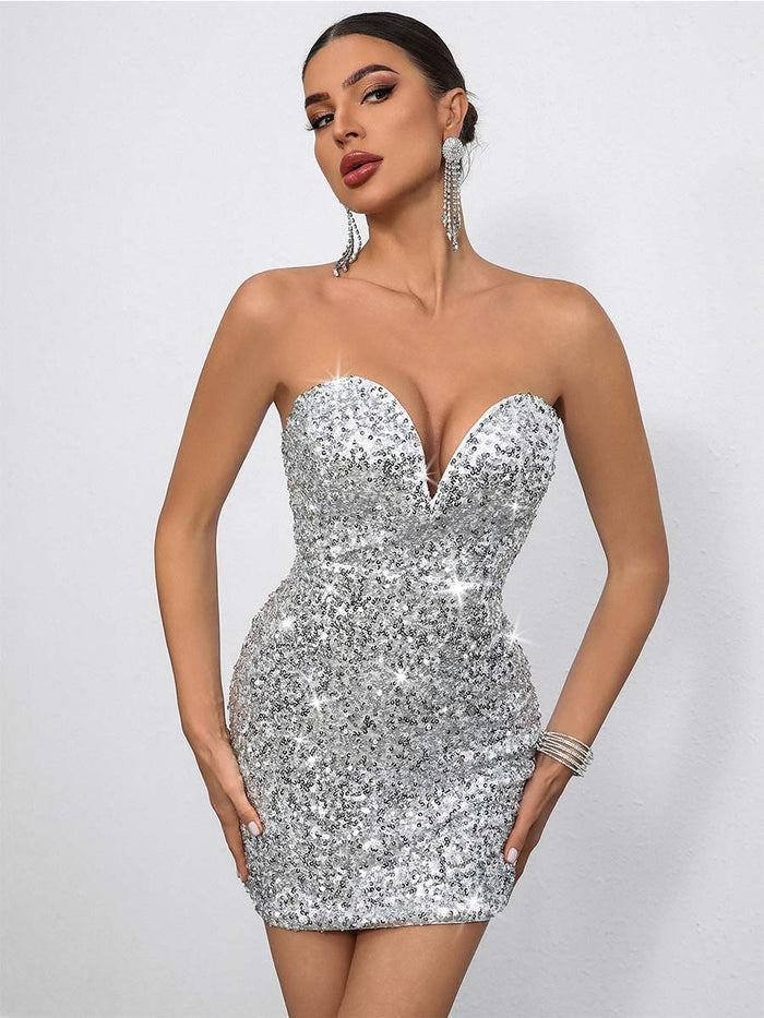 Sexy Deep V-Neck Strapless Bodycon Sequin Party Mini Dress